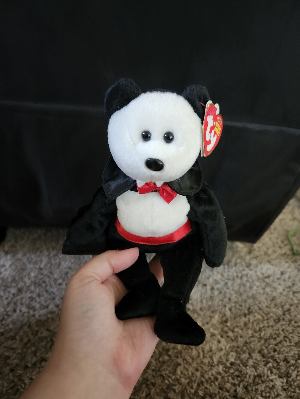 Ty Black & White Plush Vampire Bear with Red Bow